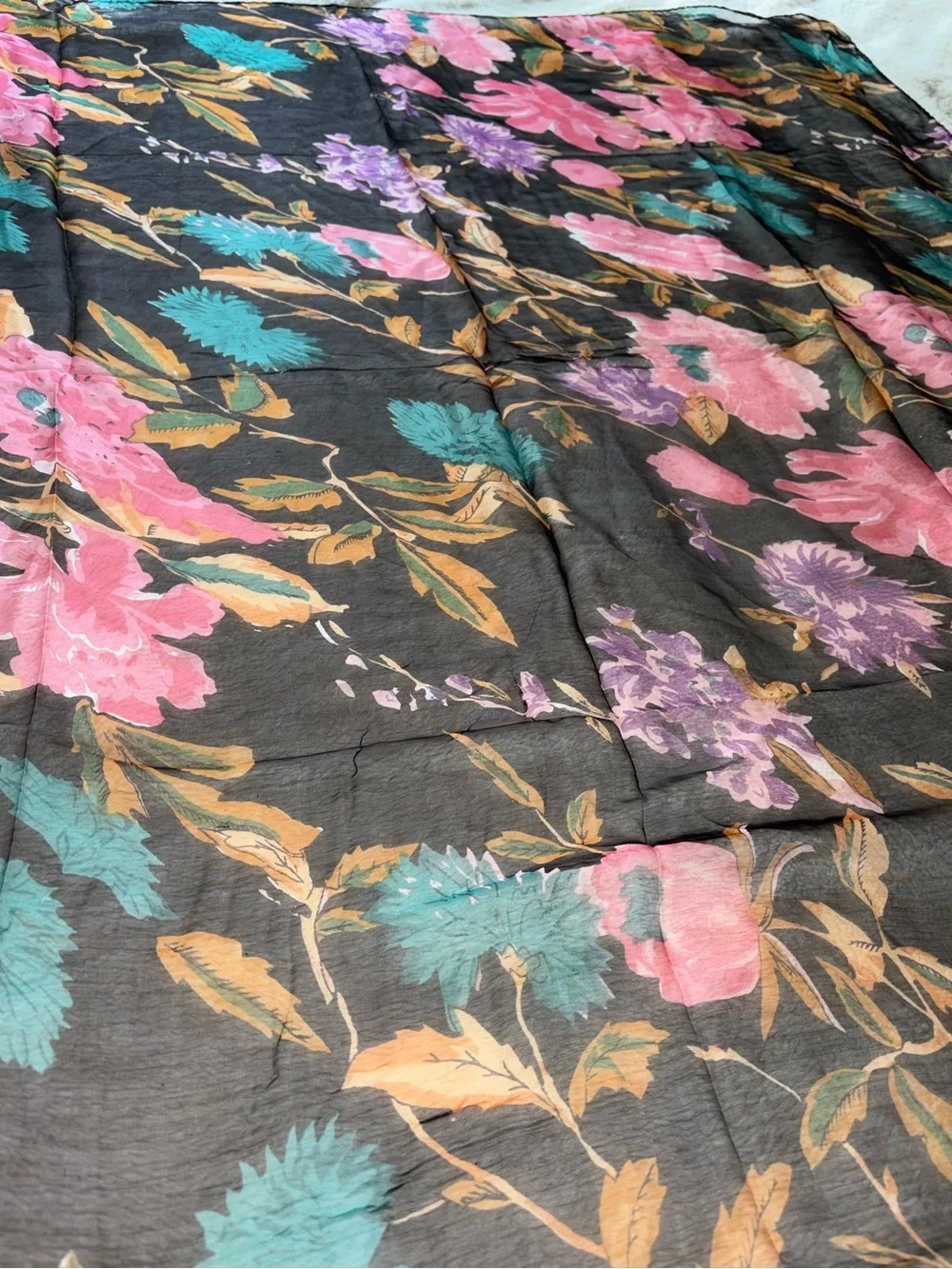 Black Sheer Handmade Scarf with Pink Teal and Purple Floral Design